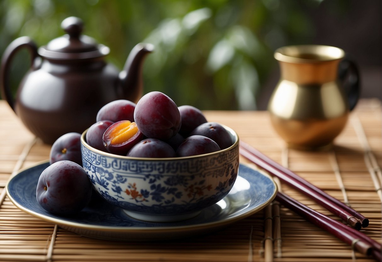 A bowl of preserved plums surrounded by chopsticks and a teapot on a bamboo placemat