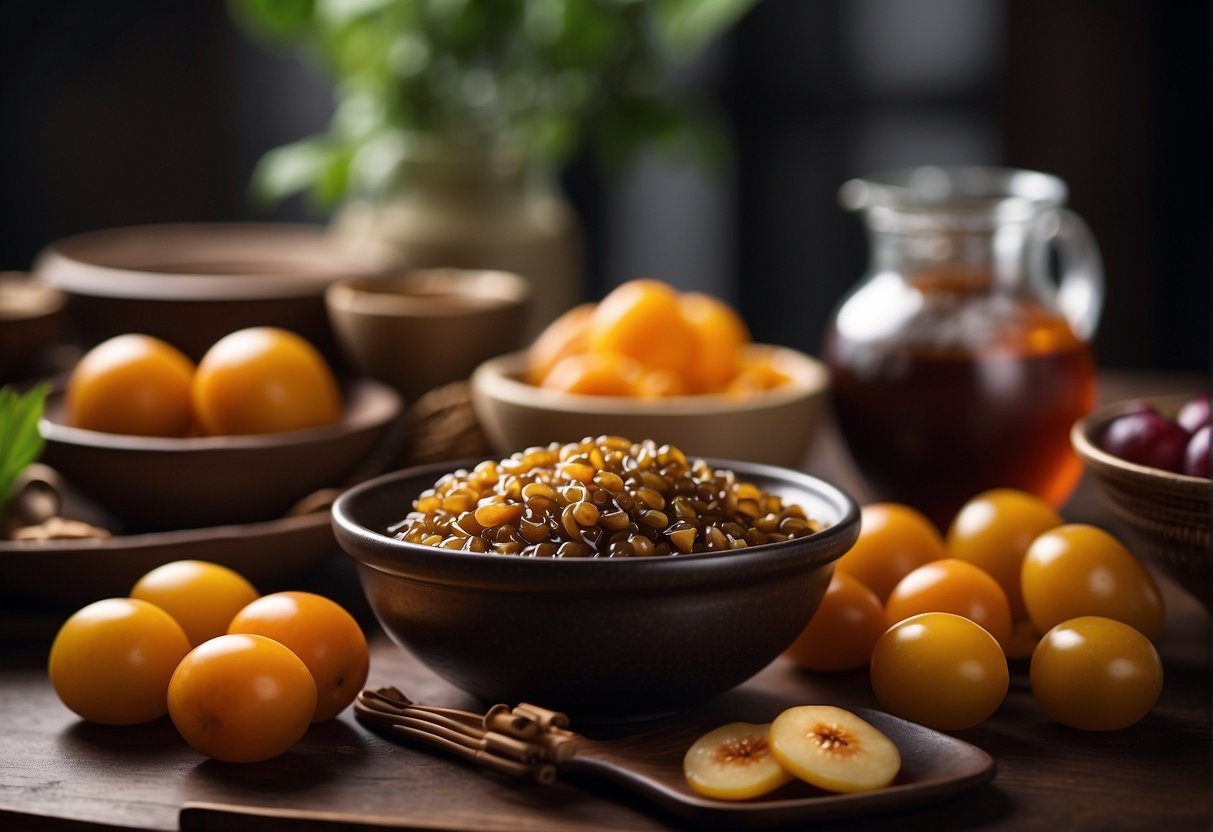 A table with ingredients and utensils for making Chinese preserved plum