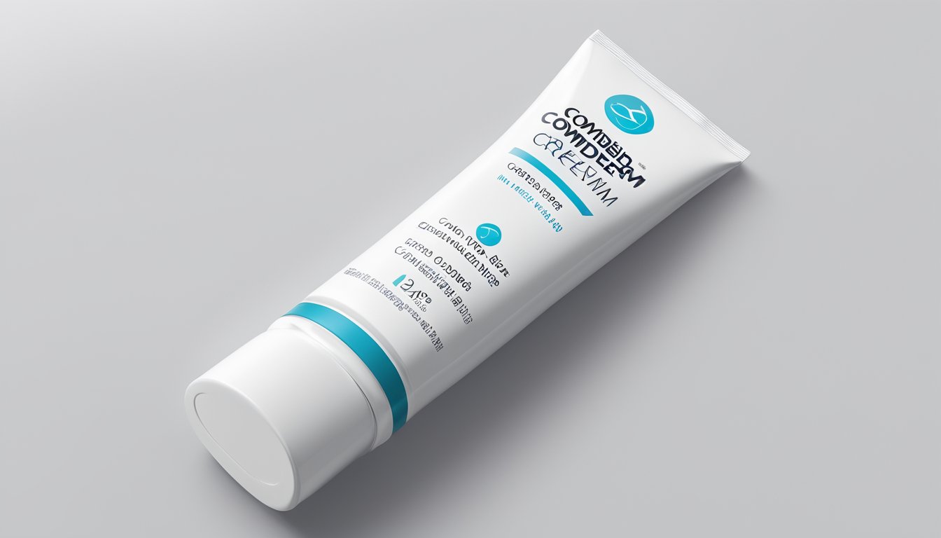A tube of Combiderm cream sits on a clean, white surface, with its label facing forward. The background is simple and uncluttered, allowing the focus to be on the product