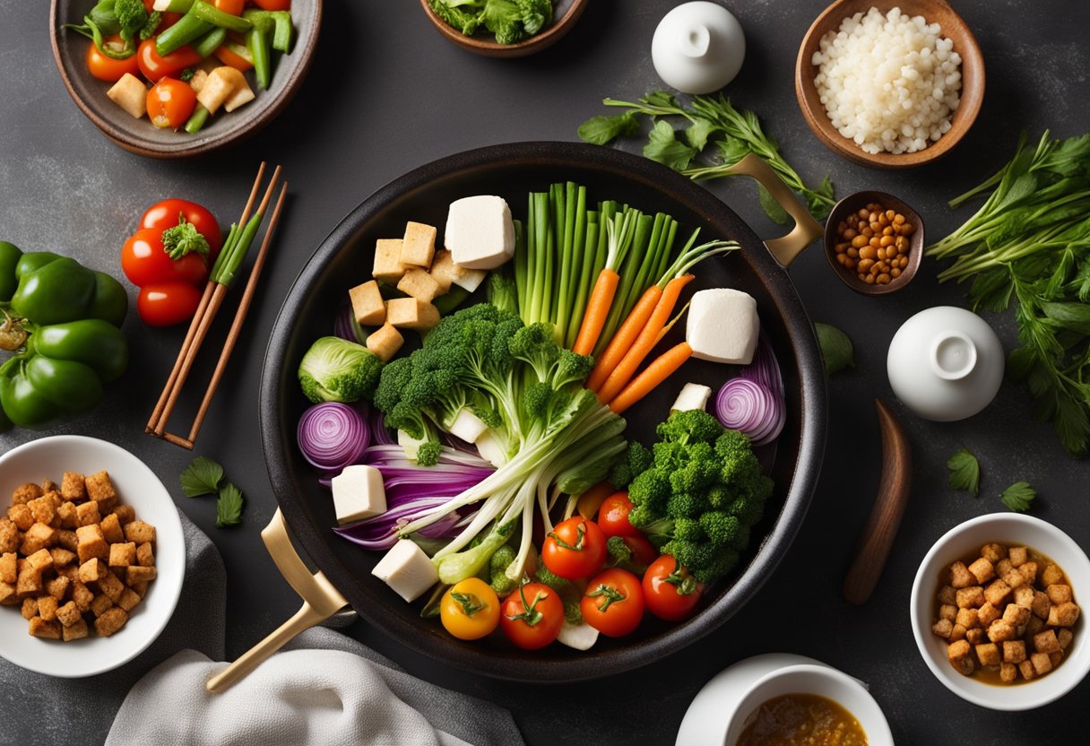 A table set with colorful, vibrant vegetables, tofu, and herbs, surrounded by traditional Chinese cooking utensils and a steaming wok