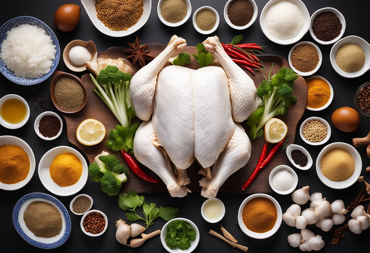 A whole chicken being prepared with Chinese seasonings and ingredients, surrounded by various cooking utensils and traditional Chinese spices