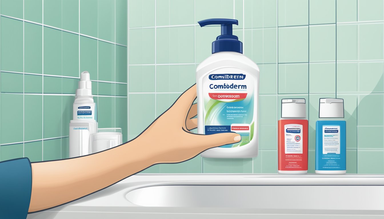 A hand reaching for a tube of Combiderm cream on a clean, organized bathroom counter. The background shows a first aid kit and safety precautions label