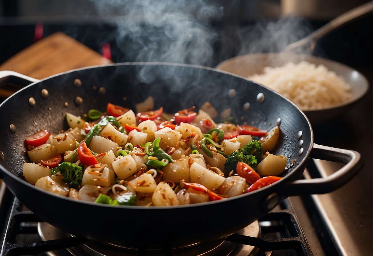 A wok sizzles as diced preserved radish is stir-fried with garlic, chili, and soy sauce. Steam rises, filling the kitchen with savory aroma