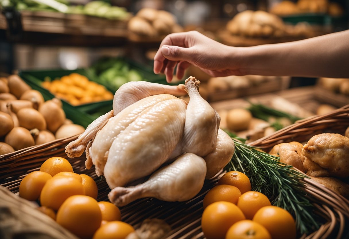 A hand reaches for a plump, whole chicken in a market display. Surrounding ingredients hint at Chinese flavors