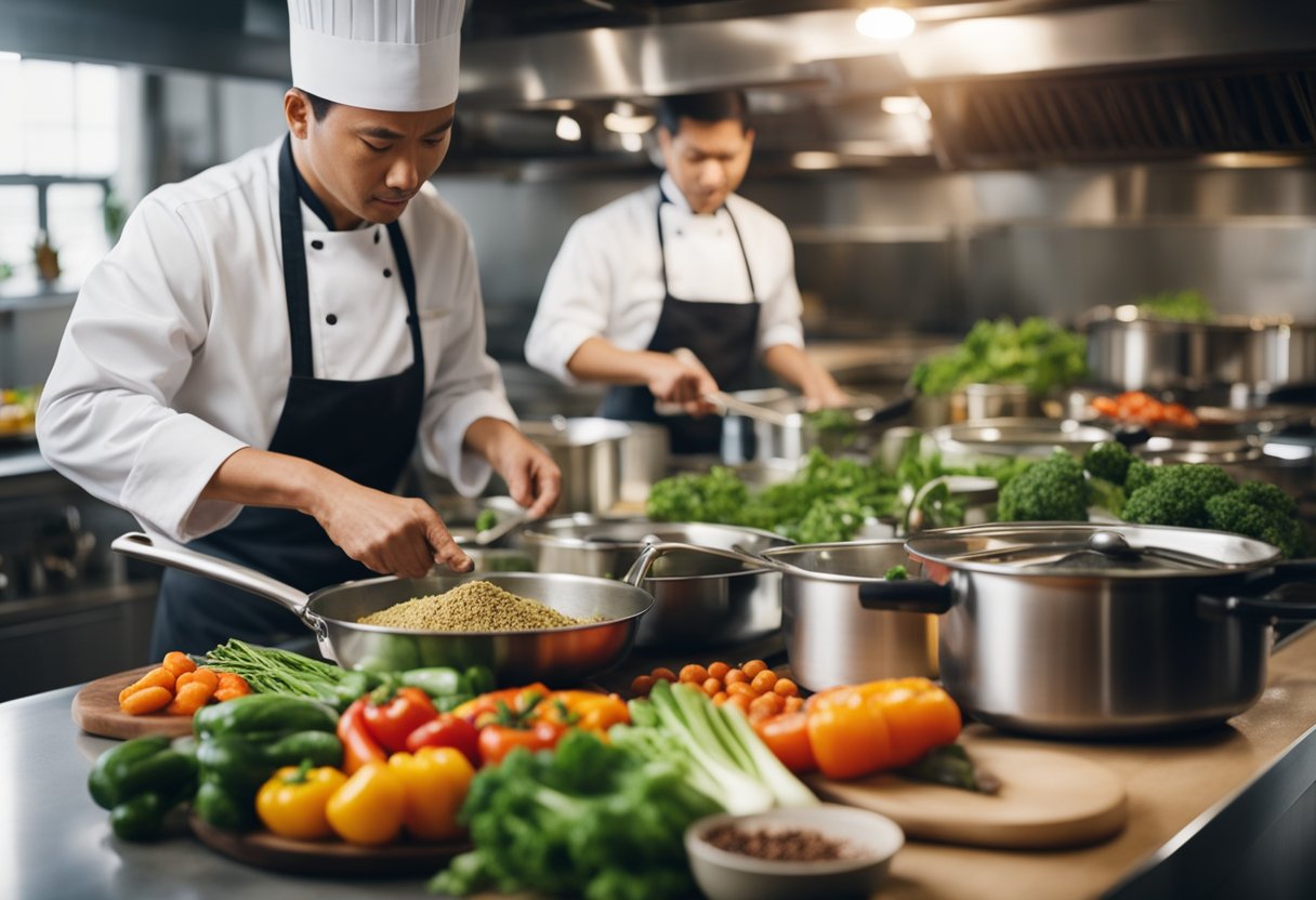 A bustling kitchen with colorful vegetables, steaming pots, and aromatic spices. A chef expertly prepares whole food plant-based Chinese dishes