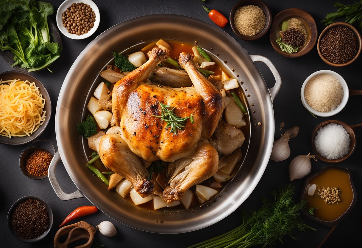 A whole chicken sizzling in a wok with fragrant Chinese spices, surrounded by various cooking utensils and ingredients