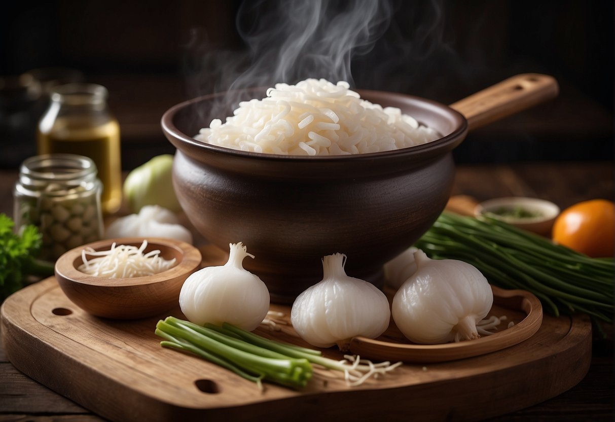 A bowl of Chinese preserved radish sits on a wooden table, surrounded by ingredients and utensils. Steam rises from a pot on the stove in the background