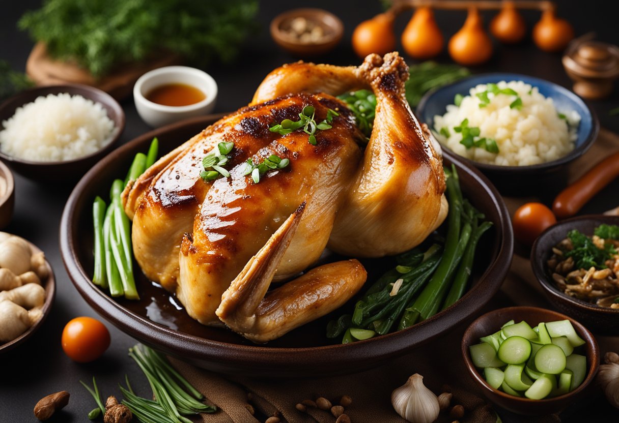 A whole roasted chicken surrounded by traditional Chinese ingredients like ginger, garlic, and scallions, with a rich and flavorful sauce drizzled over the top