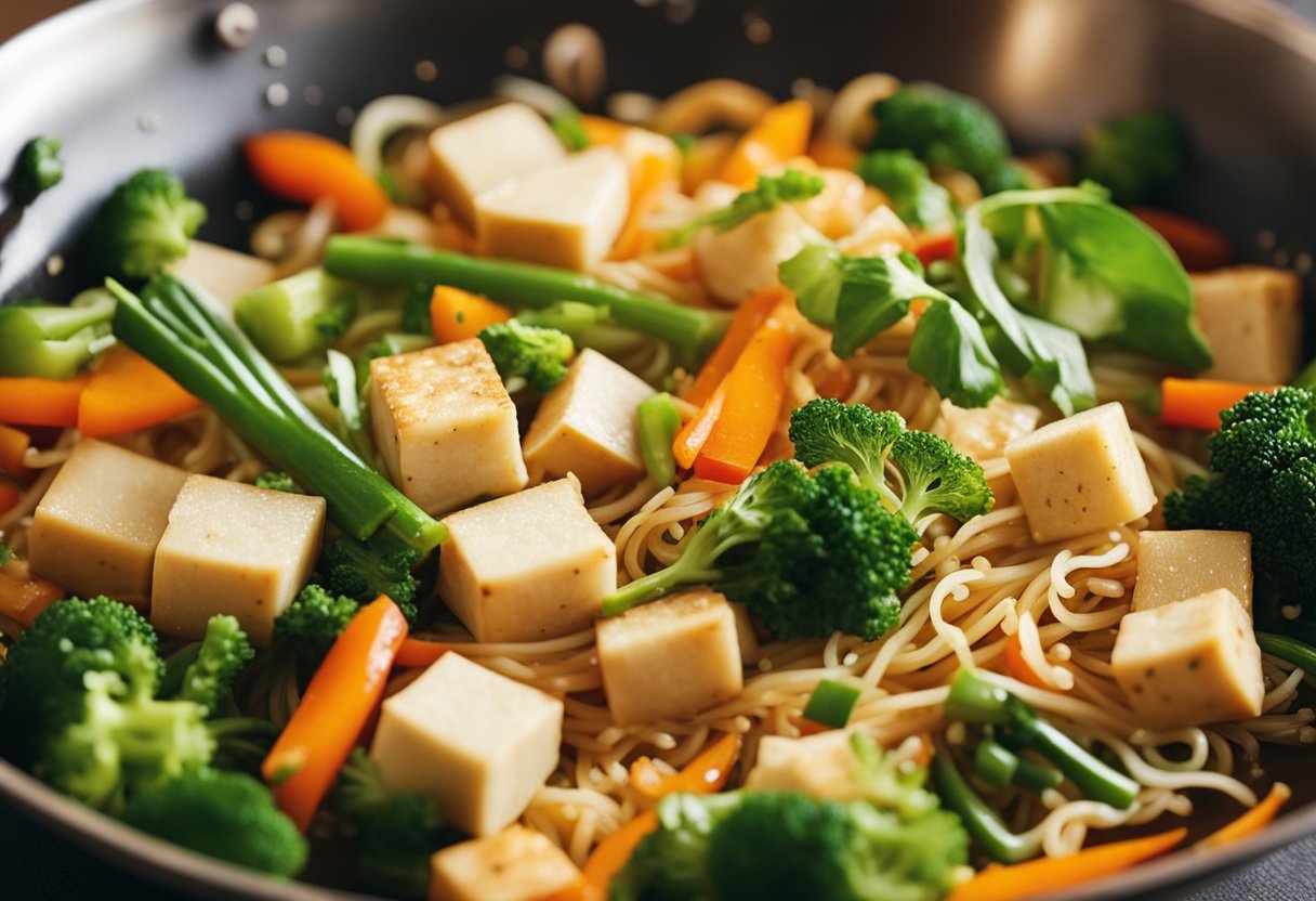 A colorful array of fresh vegetables, tofu, and rice noodles stir-frying in a sizzling wok, emitting fragrant aromas of ginger, garlic, and soy sauce