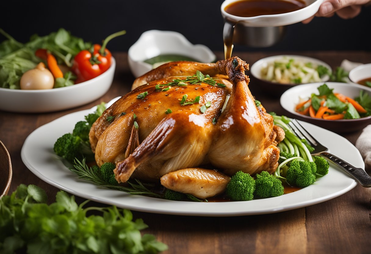 A whole chicken is being served on a platter, garnished with fresh herbs and vegetables, with a Chinese-style sauce drizzled over the top