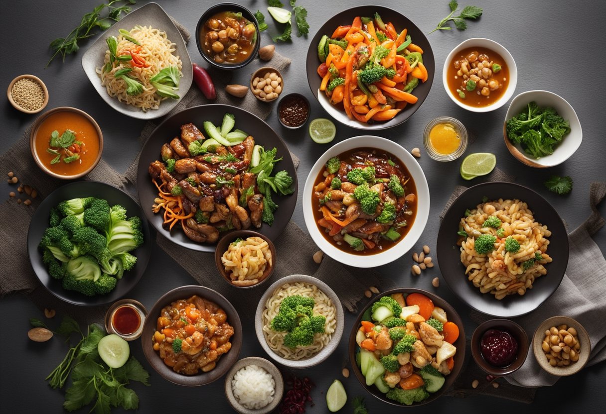 A table spread with colorful plant-based Chinese dishes, including hearty main dishes and one-pan wonders. Vibrant vegetables and aromatic sauces create an inviting and appetizing scene