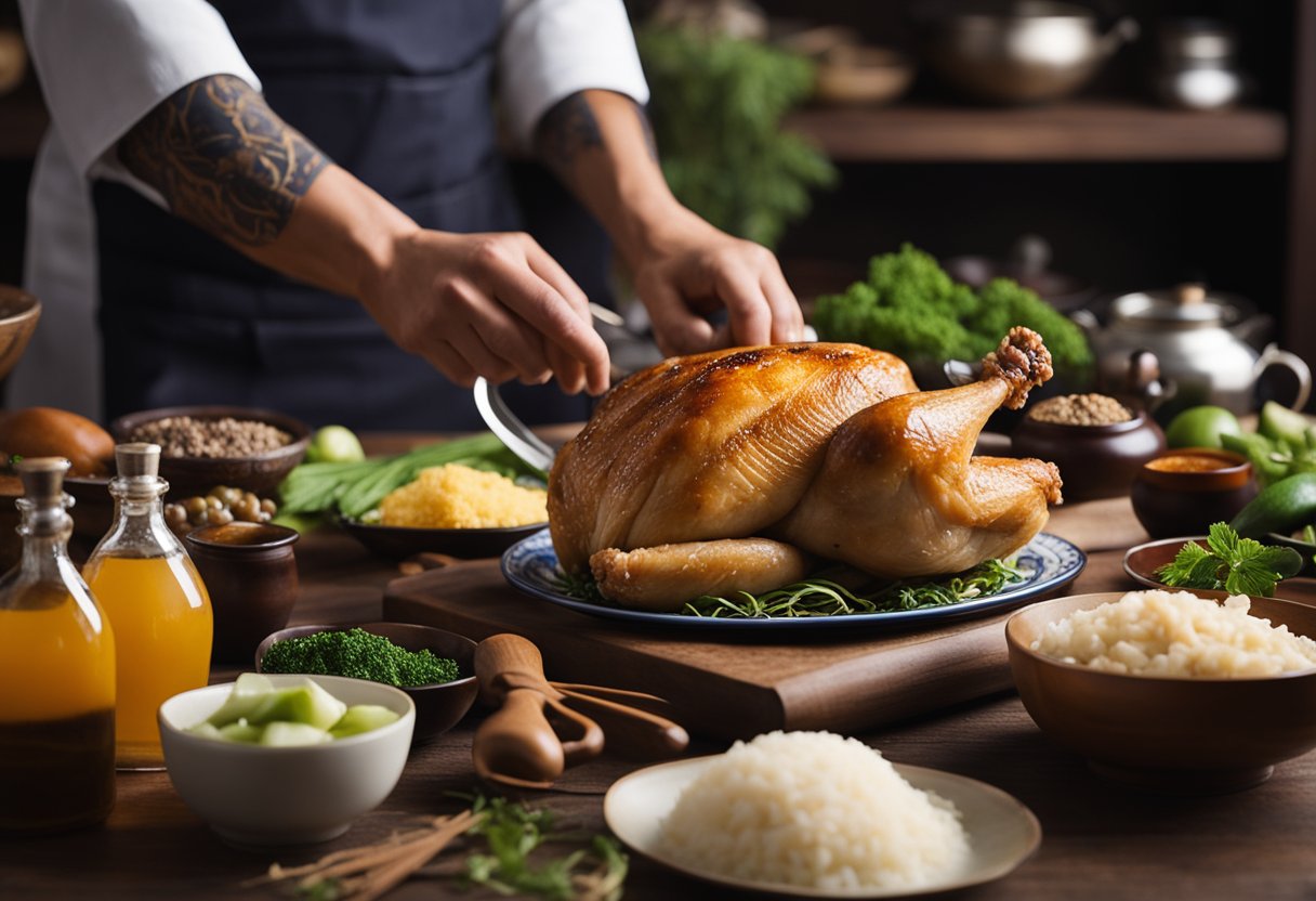 A whole chicken surrounded by traditional Chinese ingredients and cooking utensils. A chef is seen preparing the dish with a recipe book open nearby