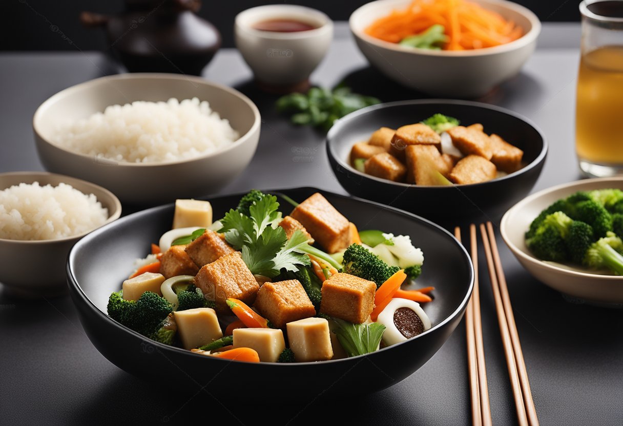 A table set with a variety of colorful WFPB Chinese dishes, including stir-fried vegetables, tofu, steamed rice, and a bowl of hot soup