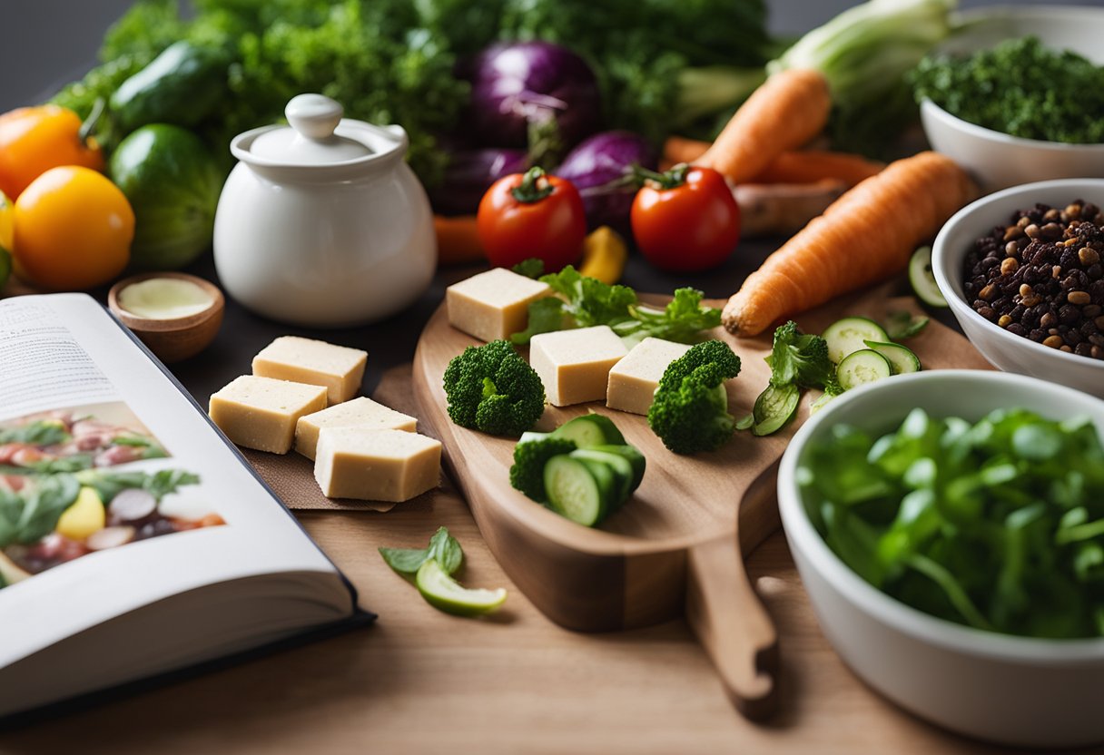 A colorful array of fresh vegetables, tofu, and aromatic spices arranged on a kitchen counter, with a cookbook open to a page titled "Fusion Flavours and Innovative Twists whole food plant based Chinese recipes."