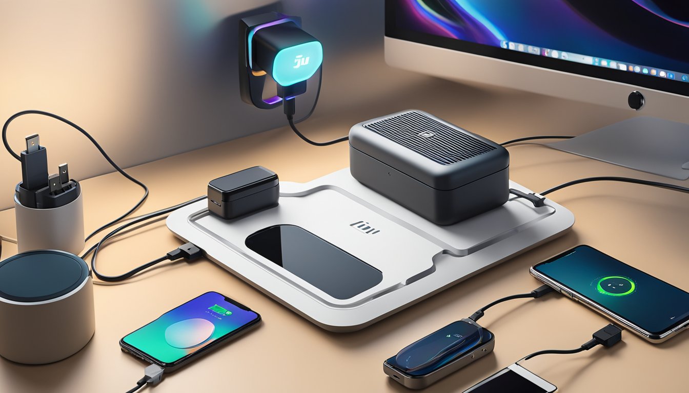 A DJI Mavic Pro charger sits on a clean, modern desk, surrounded by neatly organized tech accessories. The charger is plugged into a sleek power strip, with soft lighting illuminating the scene