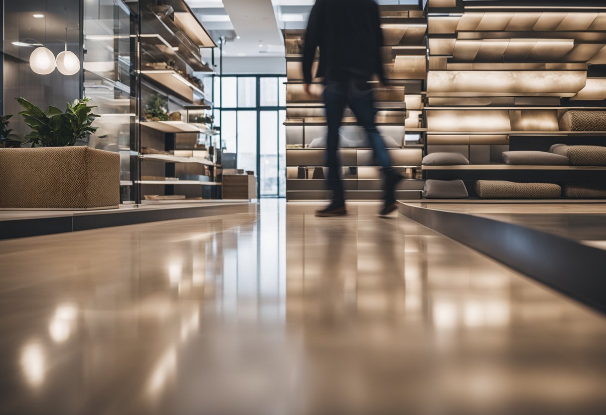 A customer smiles while walking on newly installed flooring, admiring the high-quality materials and seamless installation by 50 Floor