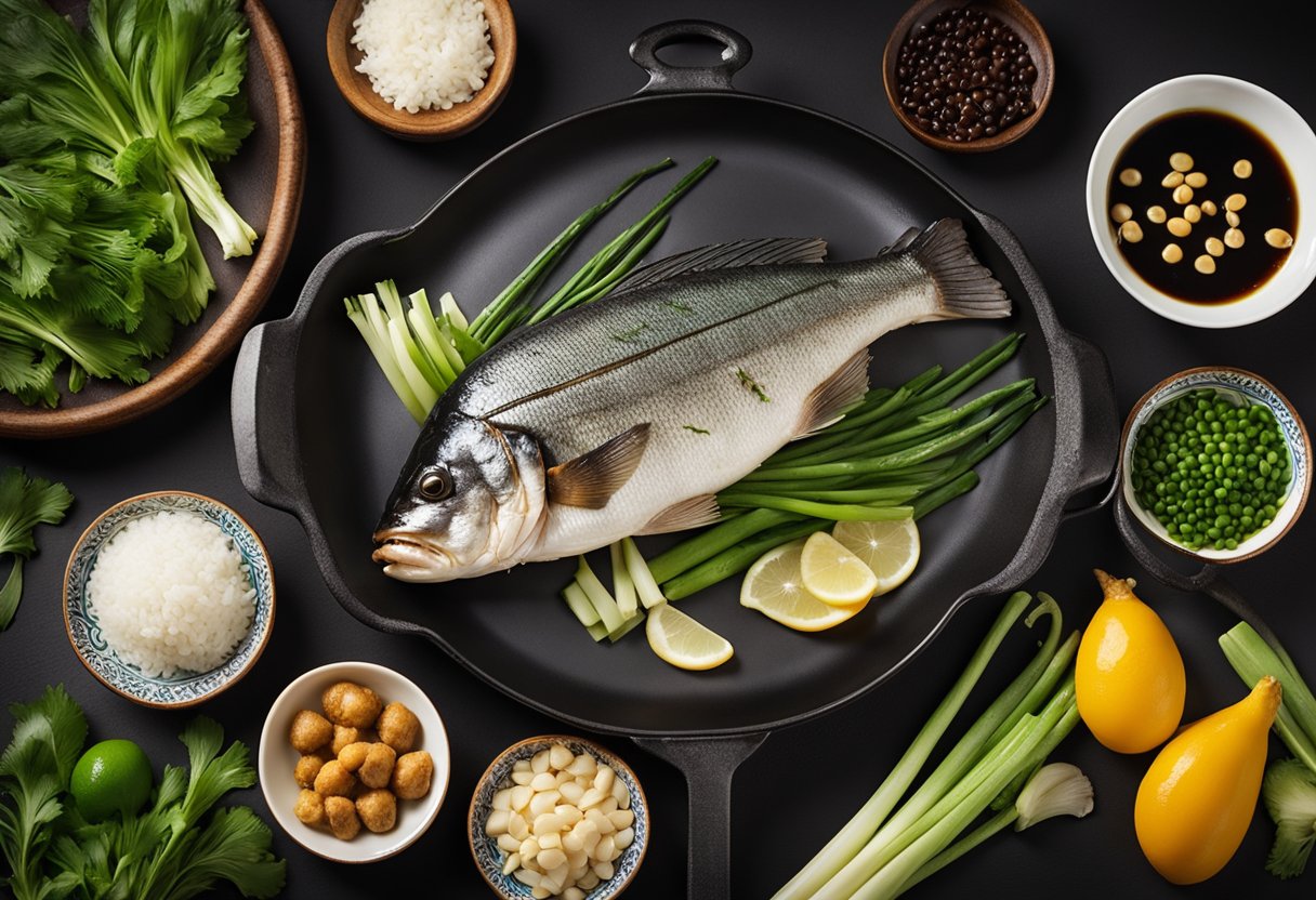 A whole sea bass is being prepared with Chinese ingredients, such as ginger, soy sauce, and spring onions, in a traditional wok
