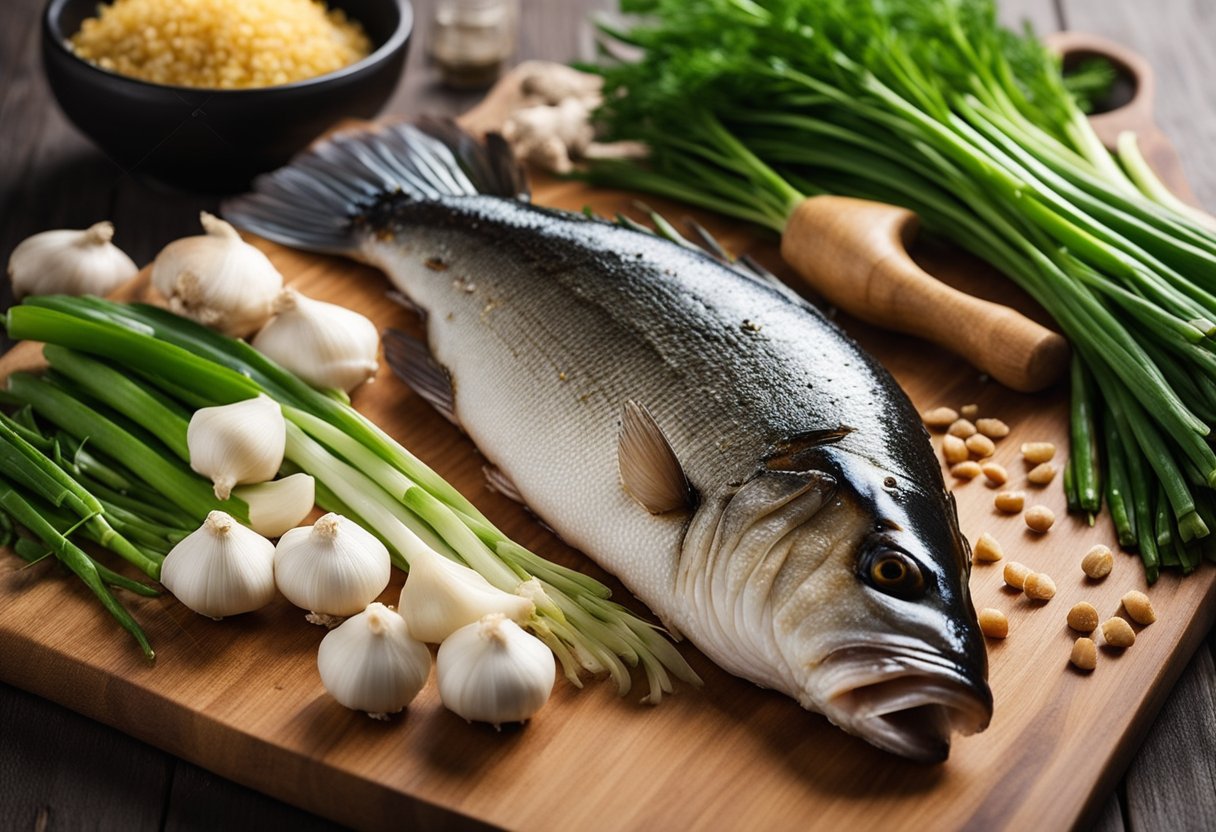 A whole sea bass lies on a cutting board surrounded by ginger, garlic, and green onions. Soy sauce and sesame oil sit nearby, ready for use