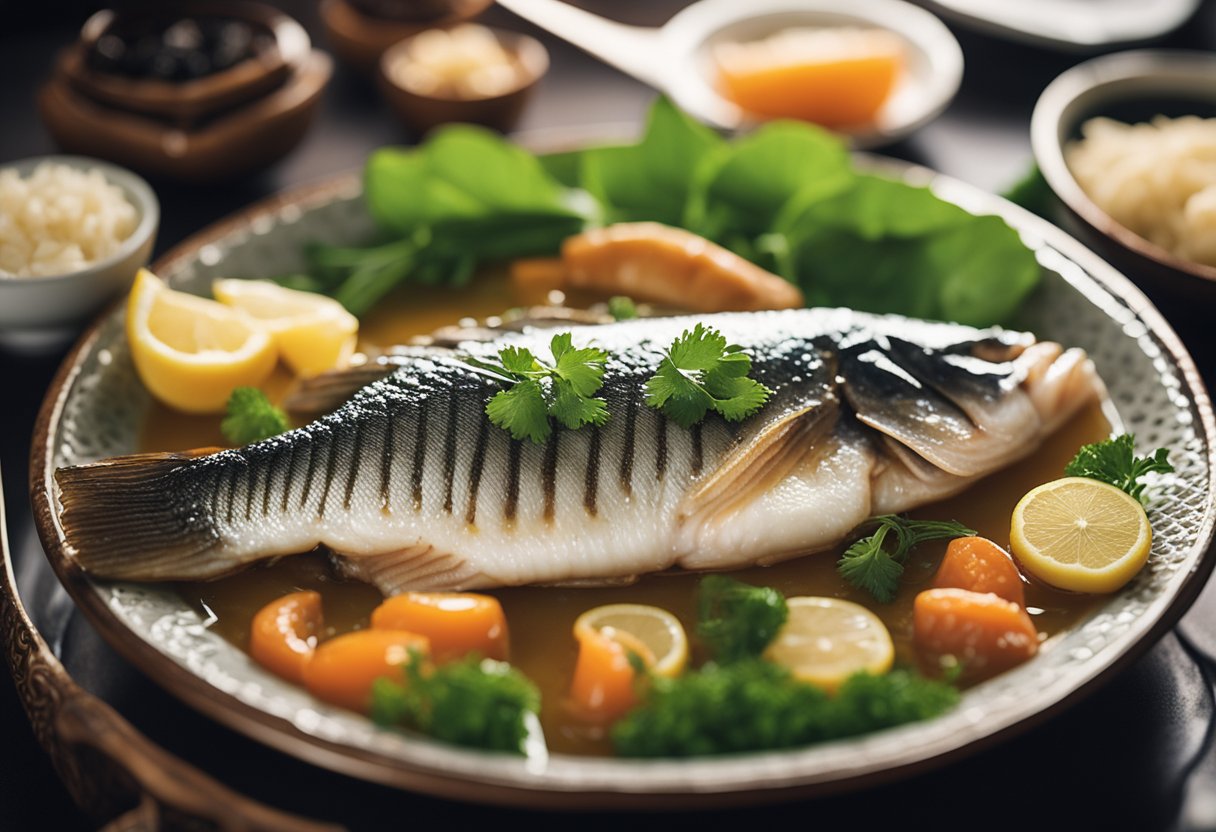 The whole sea bass is steaming in a Chinese-style recipe