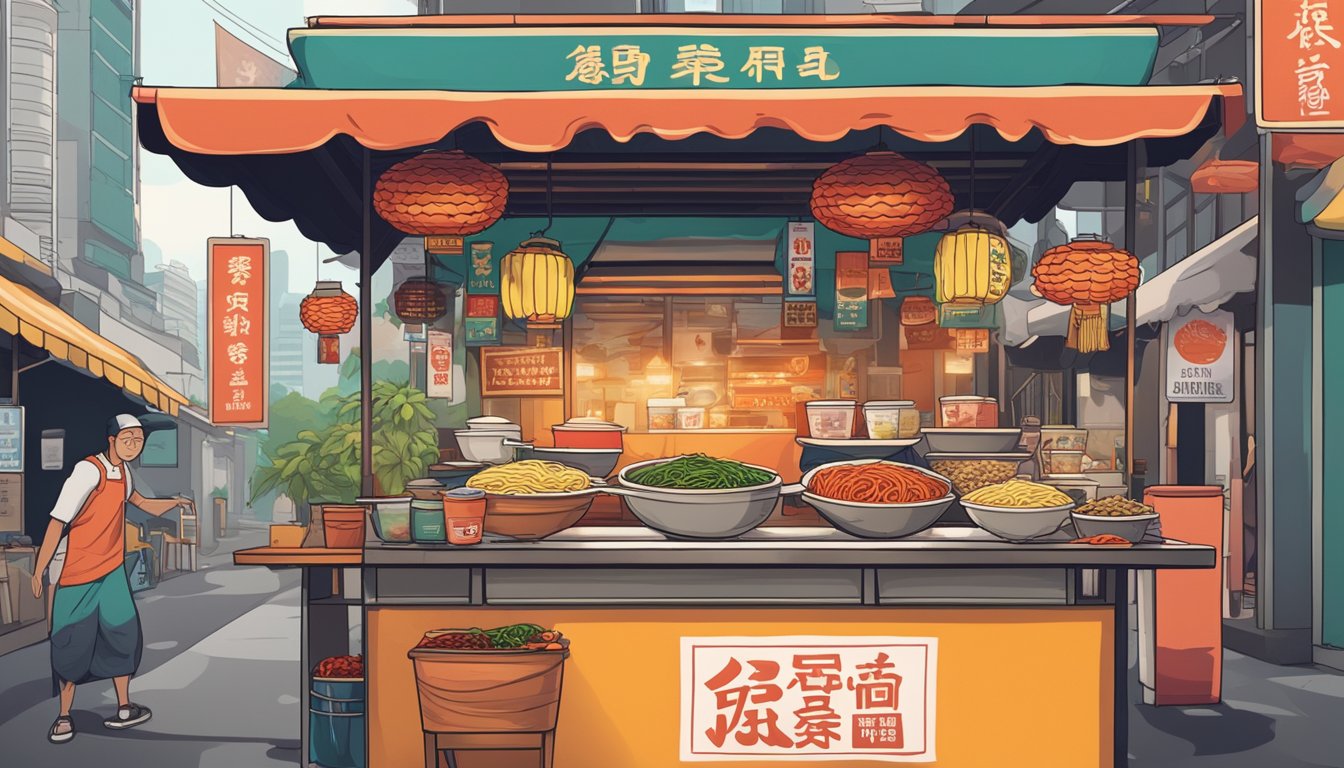 A steaming bowl of ghost pepper noodles, with chopsticks beside it, sits on a vibrant Singaporean street food stall. A sign advertises where to buy