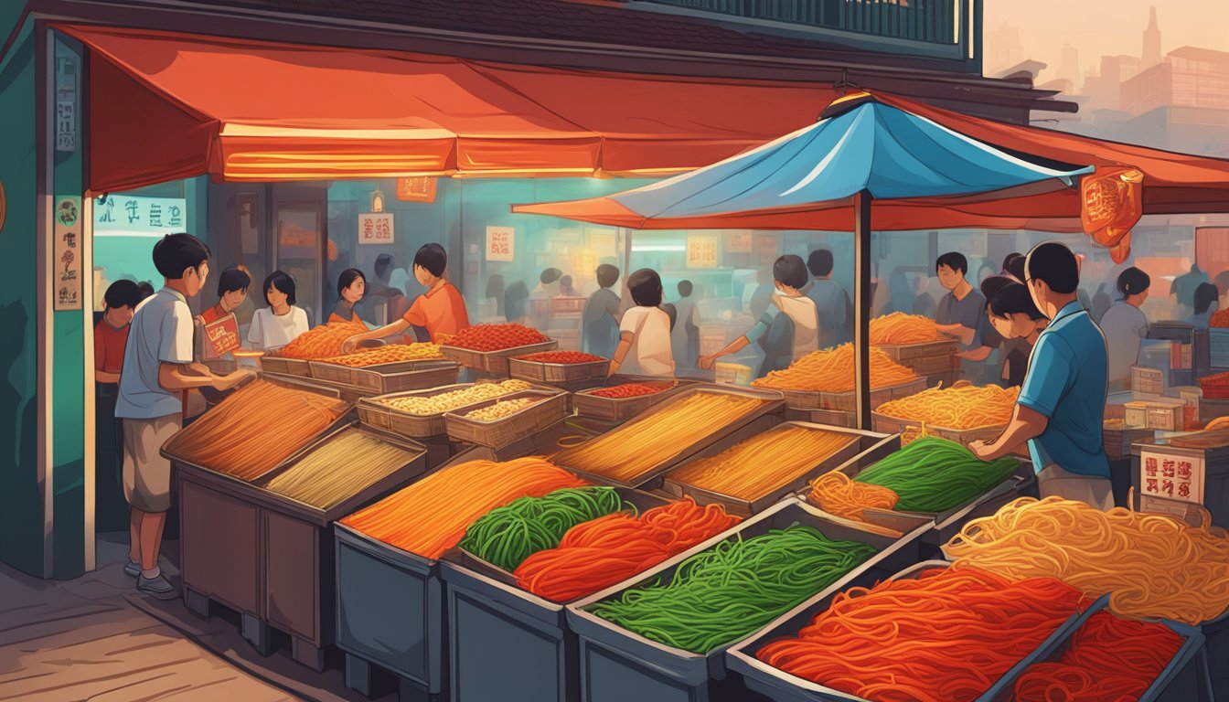 A bustling Singaporean market stall displays stacks of fiery ghost pepper noodles for sale. The vibrant packaging catches the eye, drawing in curious customers