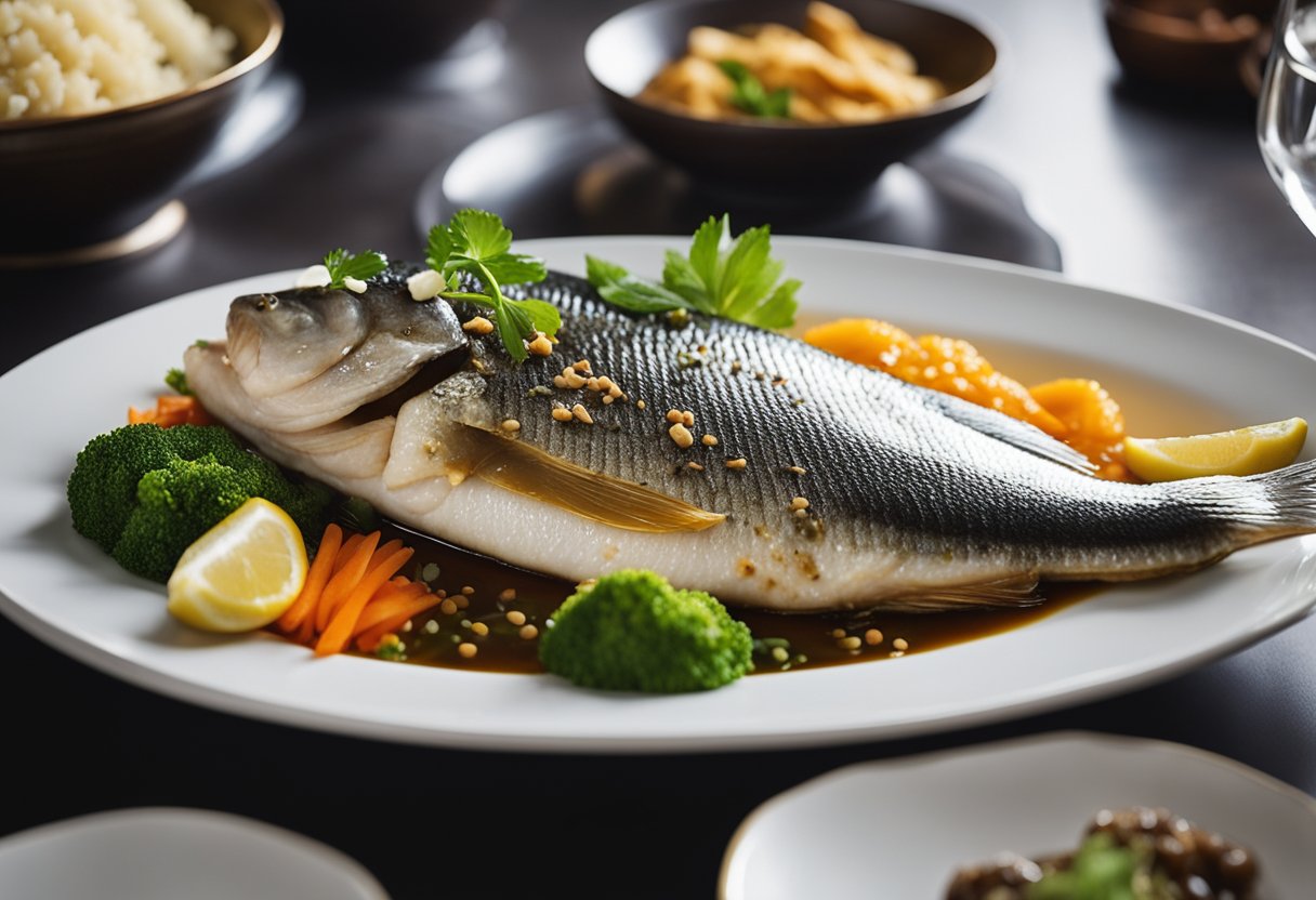 A whole sea bass is being served on a decorative platter with Chinese-style seasonings and garnishes, alongside a selection of complementary side dishes and sauces