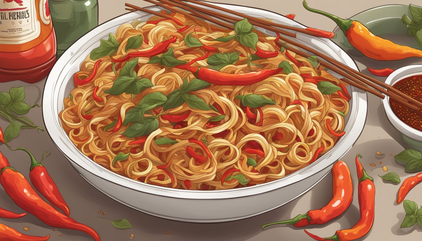 Steam rises from a bowl of fiery ghost pepper noodles, surrounded by scattered chili peppers and a bottle of hot sauce