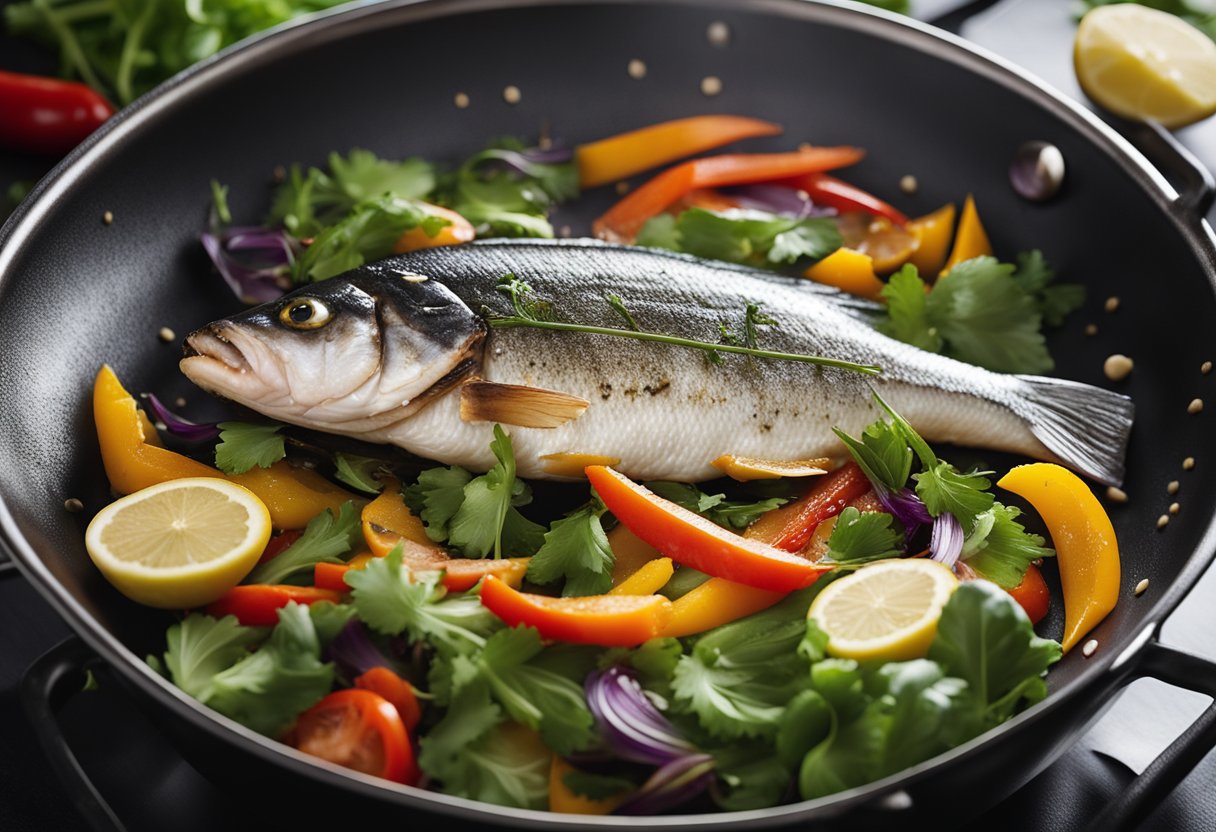 A whole sea bass sizzling in a wok with Chinese spices, surrounded by colorful vegetables and aromatic herbs