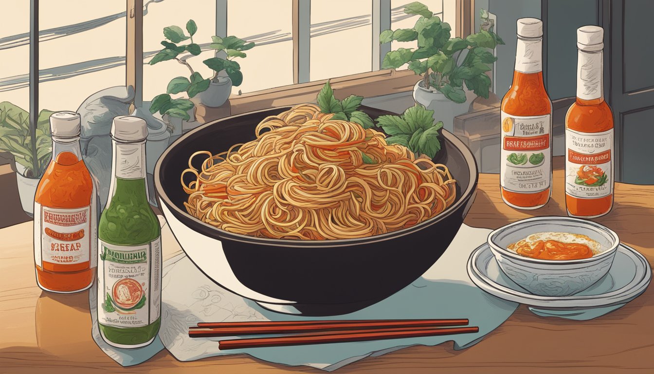 A steaming bowl of ghost pepper noodles sits on a table, surrounded by bottles of hot sauce and chopsticks. A sign reads "Frequently Asked Questions" above the noodles