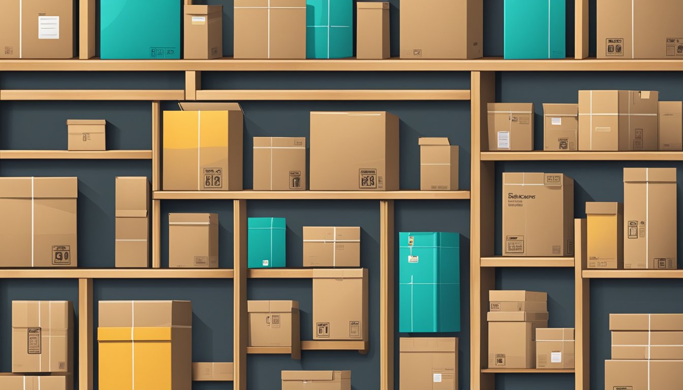 Various cardboard boxes in different sizes and designs displayed on shelves with labels indicating their specific uses