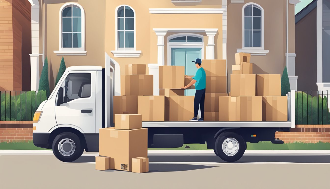 A delivery person unloads a stack of cardboard boxes from a truck, placing them neatly in a row outside a customer's home