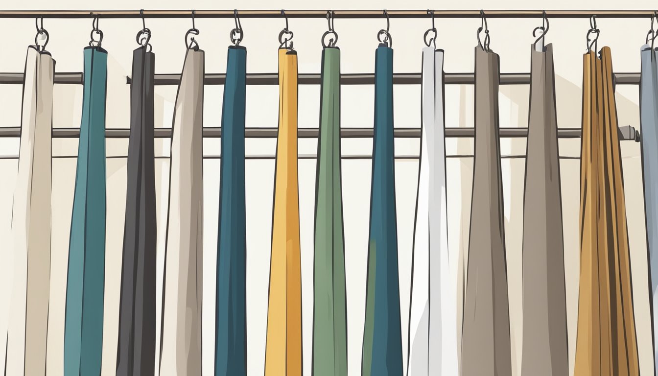 A hand reaches out to compare different curtain rods on display in a home decor store. The rods vary in style, material, and length, offering a variety of options for the perfect window treatment