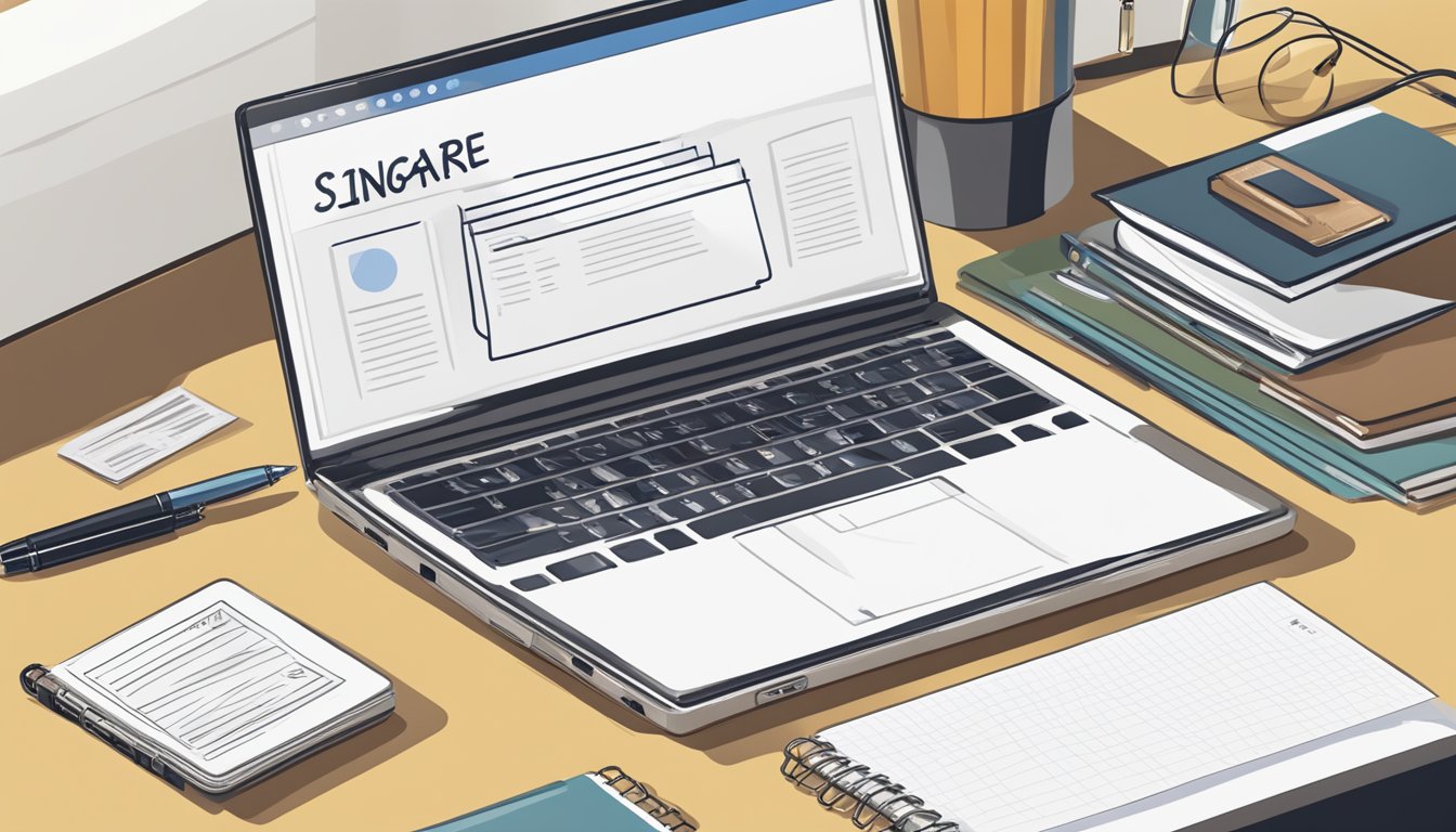 A laptop displaying an email list of Singapore contacts, with a pen and notebook beside it for note-taking