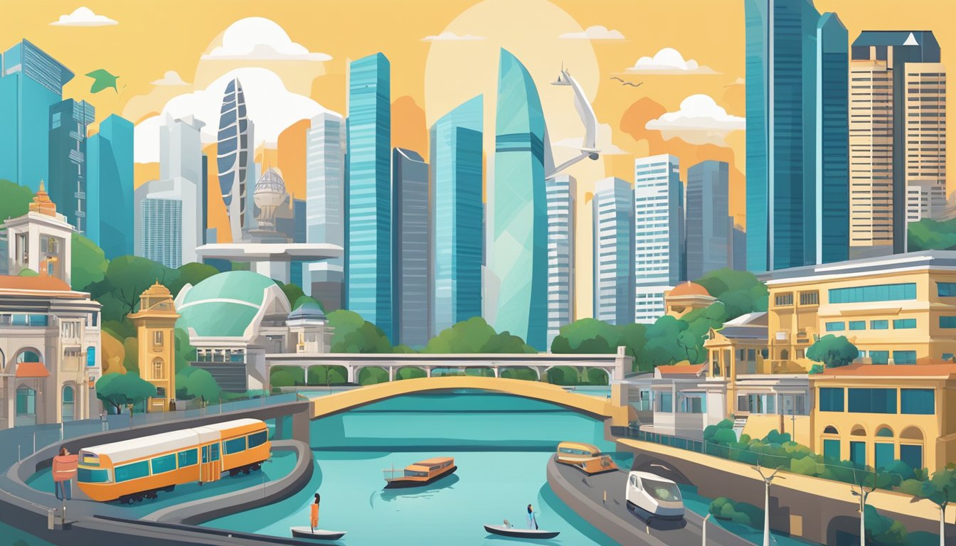 A bustling cityscape with iconic Singapore landmarks in the background, while various email marketing symbols and graphics fill the foreground