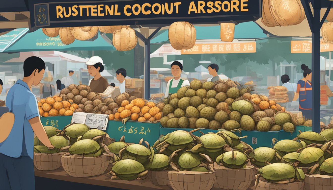 A bustling market stall in Singapore displays fresh coconut crabs, with a sign reading "Frequently Asked Questions: Where to Buy Coconut Crab in Singapore."