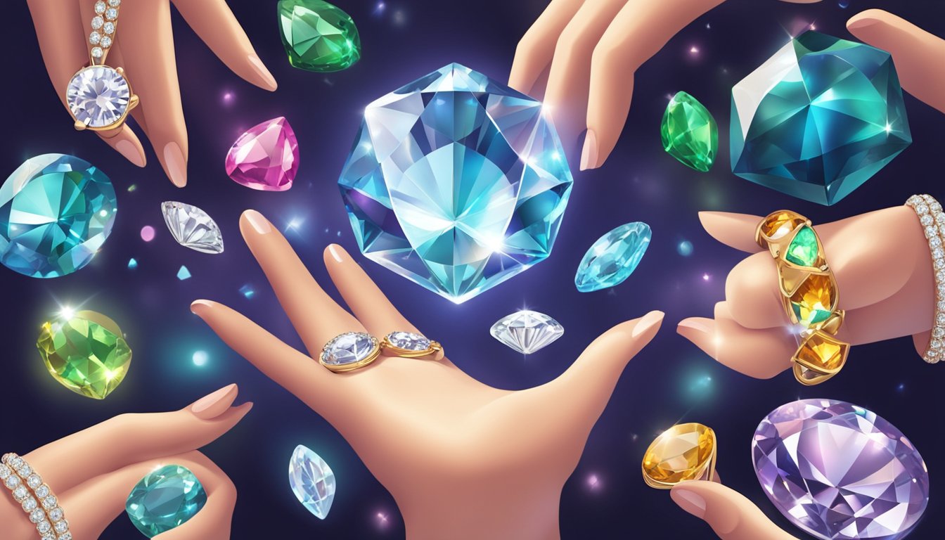 A hand reaches out to select a sparkling diamond from a display of exquisite jewelry. The light catches the facets, creating a dazzling array of colors