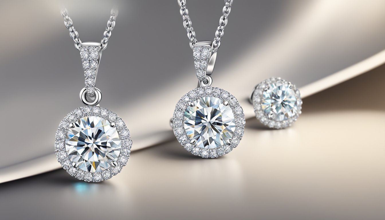 A sparkling diamond necklace and matching earrings displayed on a sleek, modern jewelry website