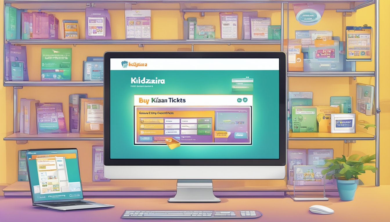A computer screen displaying the KidZania website with a cursor clicking on the "buy tickets" button