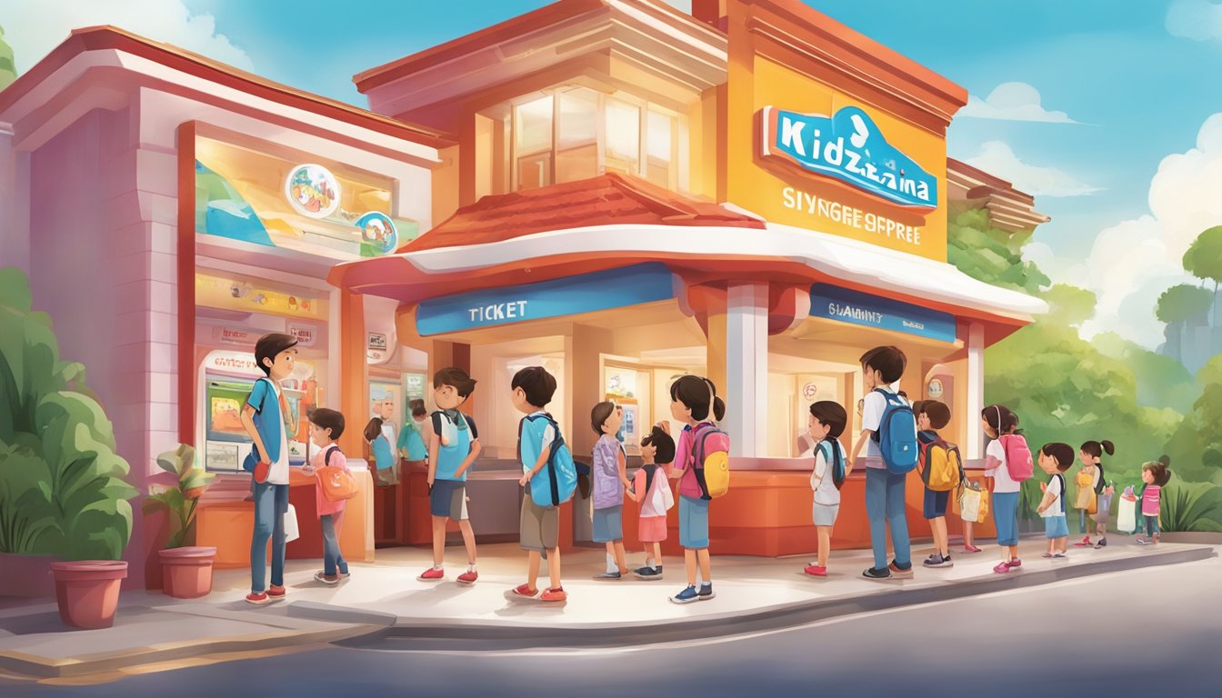 Families line up at the ticket booth, excitedly discussing their visit to KidZania Singapore. The colorful entrance and playful signage create a vibrant and inviting atmosphere