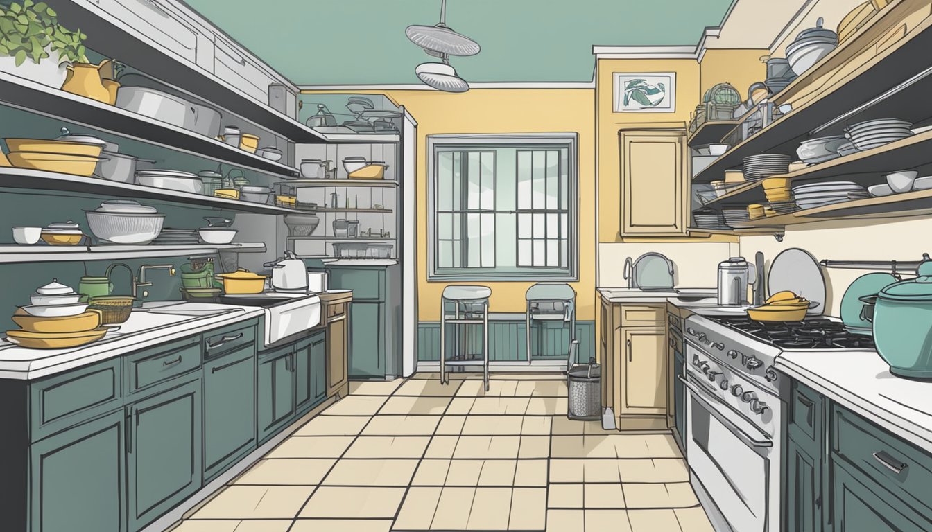 A kitchen with shelves displaying various dish racks, a sign with "Frequently Asked Questions" and "Where to buy dish rack in Singapore" prominently displayed