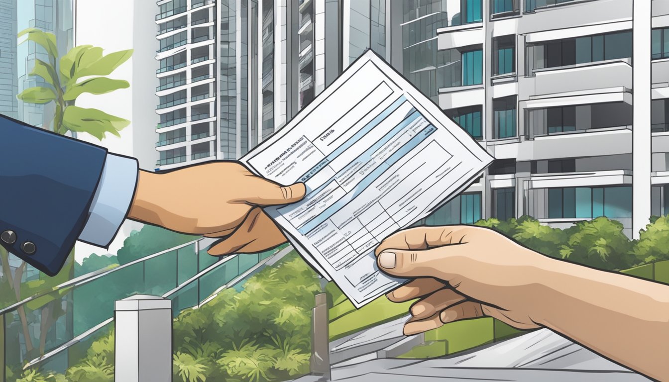 A person handing over a signed contract and a check to a real estate agent in front of a high-rise condominium building in Singapore