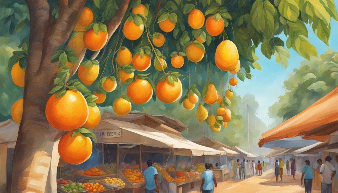 A ripe elantha pazham hangs from a tree, its vibrant orange skin glistening in the sunlight. Nearby, a vendor's stall displays a variety of the sweet and tangy fruit