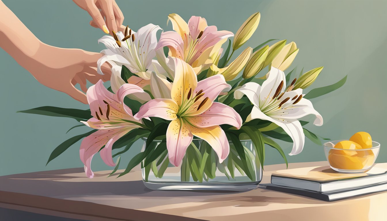 A hand selects vibrant lilies from an online bouquet, carefully arranging them in a perfect arrangement