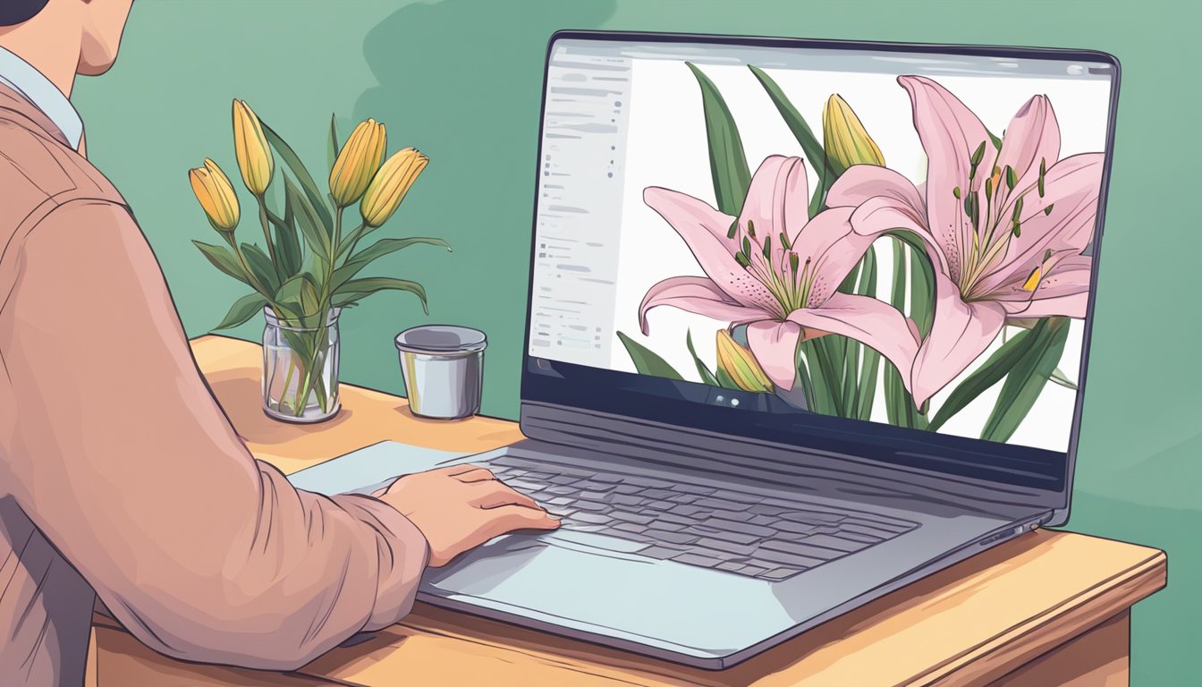A hand selects and purchases lilies on a computer. A delivery person delivers the lilies to a doorstep