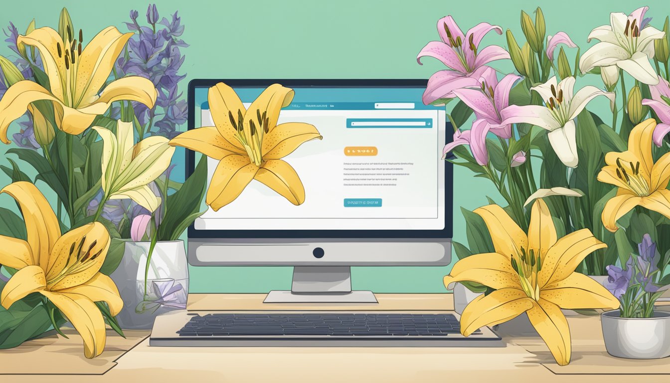 A computer screen with a website displaying a variety of lilies for sale, accompanied by a list of frequently asked questions about buying lilies online