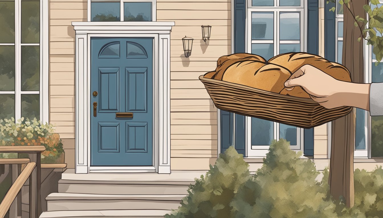 A sourdough loaf sits in a rustic bread basket on a doorstep, with a delivery person's hand placing it there. The background shows a cozy home with a welcoming front door