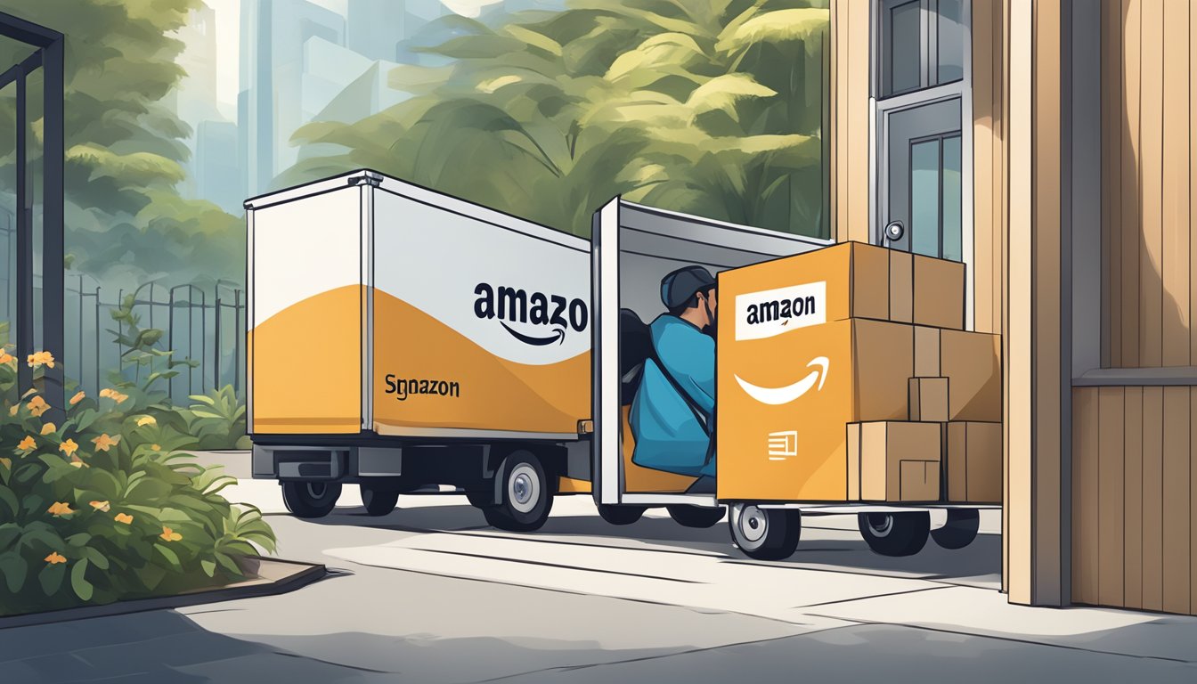 A package with the Amazon Singapore logo is being delivered to a doorstep