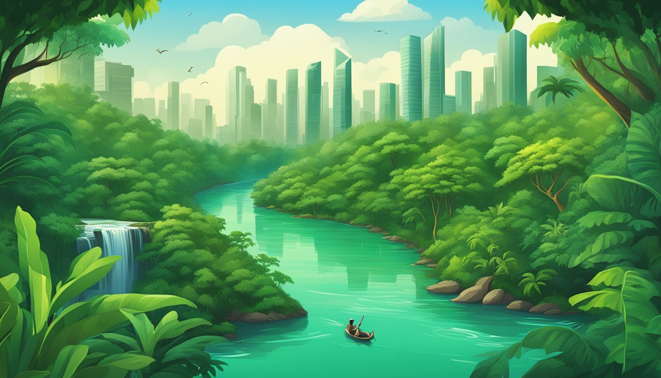 Lush green jungle with exotic wildlife, a flowing river, and the iconic Amazon Singapore logo