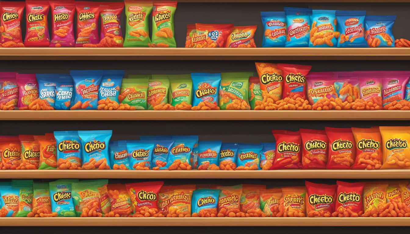 A colorful display of Flamin' Hot Cheetos at a Singapore grocery store with a prominent "imported snacks" sign