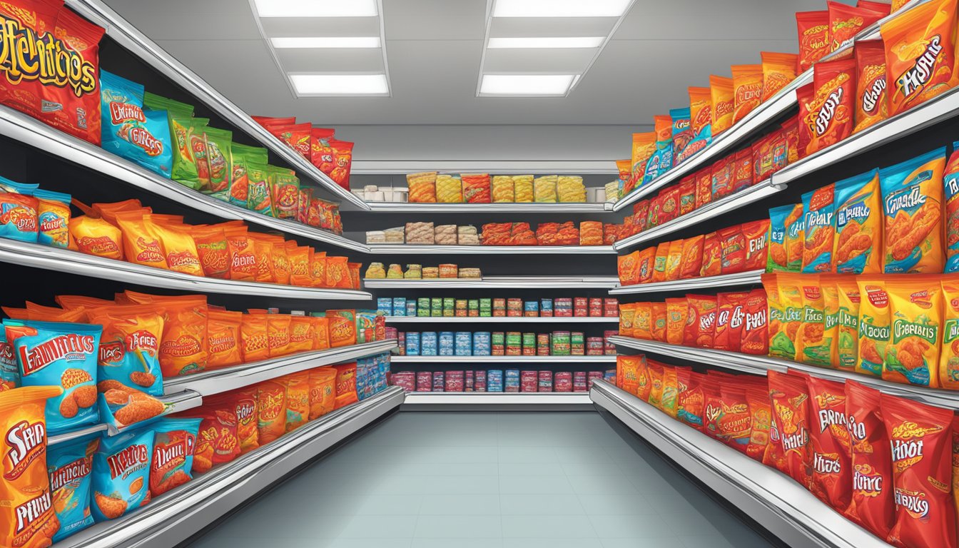 A grocery store shelf stocked with bags of Flamin' Hot Cheetos in Singapore. Bright packaging catches the eye